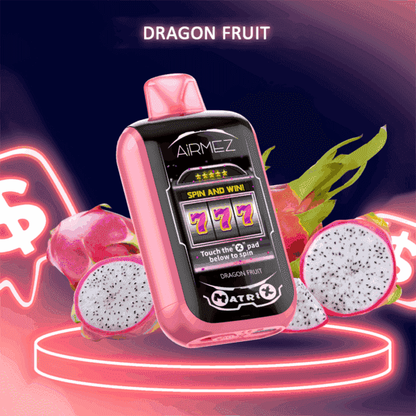 Un appareil de vape rose étiqueté " AirMEZ " avec un écran de machine à sous affichant " 777 " entouré de tranches de fruit du dragon et d'icônes de signe dollar au néon, sur un fond sombre avec le texte " DRAGON FRUIT " au-dessus.