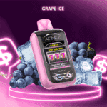 Appareil de vapotage AirMEZ Grape Ice rose et noir avec un design de machine à sous exposé, entouré de raisins frais et de glaçons sur une plate-forme lumineuse violette.