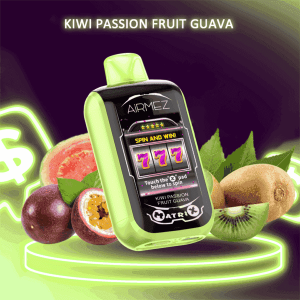 Un appareil de vape Airmez vert et noir avec un écran de machine à sous affichant un triple sept et étiqueté Kiwi Passion Fruit Goyave, entouré de moitiés de fruit de la passion, de goyave et de tranches de kiwi sur un fond violet foncé et vert brillant.