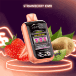 Appareil de vape AirMEZ en or rose avec un écran de machine à sous numérique affichant 777, étiqueté Strawberry Kiwi, positionné entre une fraise fraîche et un kiwi tranché avec des feuilles vertes, sur un fond violet et rose brillant avec le texte Strawberry Kiwi au-dessus.