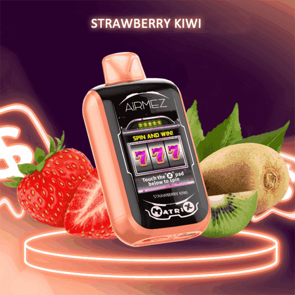 Appareil de vape AirMEZ en or rose avec un écran de machine à sous numérique affichant 777, étiqueté Strawberry Kiwi, positionné entre une fraise fraîche et un kiwi tranché avec des feuilles vertes, sur un fond violet et rose brillant avec le texte Strawberry Kiwi au-dessus.