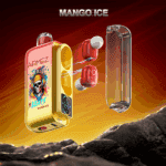 Écouteurs sans fil rouges étiquetés Airmez avec étui de chargement présentant un motif de crâne coloré et le texte Mango Ice, sur un ciel orange et rouge spectaculaire au-dessus d'un terrain rocheux, avec l'étui ouvert et les écouteurs en train de charger à l'intérieur.