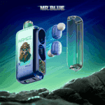 Smartphone bleu avec un étui transparent amovible et des écouteurs sans fil bleus flottants, affichant la marque AirMEZ sur l'écran avec un en-tête ' MR BLUE ', sur un ciel dégradé bleu-vert et un terrain rocheux.