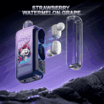 Écouteurs sans fil avec étui de chargement comportant le graphisme d'un chat portant des écouteurs et les textes ' AIRMEZ ' et ' Beats Strawberry Watermelon Grape ' flottant au-dessus d'une surface rocheuse sur fond violet et bleu, montrant les effets d'énergie électrique reliant les écouteurs à l'étui.
