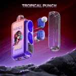 Appareil portable AirMez violet avec un écran vibrant, des écouteurs sans fil bleus et un étui de chargement transparent flottant au-dessus d'un sol rocheux sur un ciel dégradé rouge à violet; le mot Tropical Punch apparaît en haut.