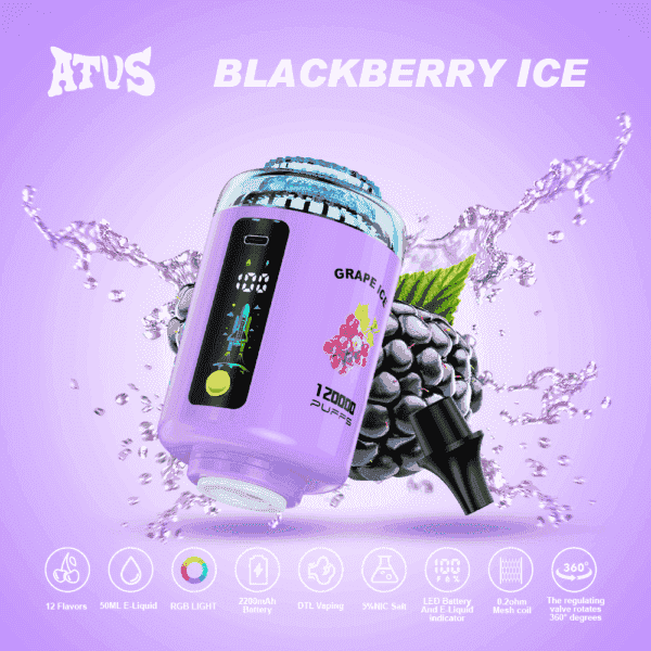 「Grape Ice」とラベルが貼られた紫色の電子タバコ デバイスは、デジタル スクリーンを表示し、水しぶきに囲まれた洗練されたデザインで、12 種類のフレーバーや 2200mAh バッテリーなどの製品の機能を強調する薄紫色の背景に設定されています。.