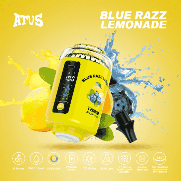 「BLUE RAZZ LEMONADE」とラベルが貼られた明るい黄色の電子タバコデバイス。デジタルディスプレイが特徴で、飛び散る水、レモン、ブルーベリーに囲まれ、その下にフレーバーオプション、バッテリー仕様、使用機能のアイコンが表示されます。.