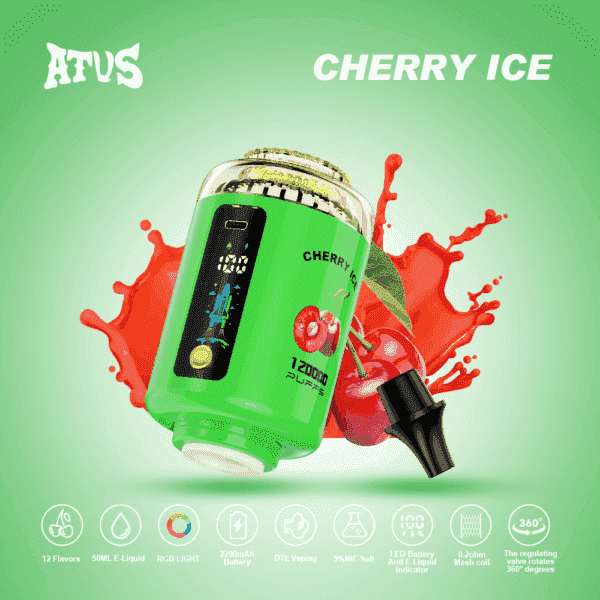 背景にチェリーと赤い液体のしぶきが描かれた「CHERRY ICE」とラベルが貼られた鮮やかな緑色の VAPE デバイス。明るい緑色の背景に、2200mAh バッテリーやデジタル ディスプレイなどの製品機能が示されています。.