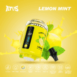 「LEMON MINT」とラベルが貼られた明るい黄色の VAPE デバイスは、その特徴を示しており、レモンのスライスと新鮮なミントの葉に囲まれ、背景にはレモン汁が飛び散っています。.