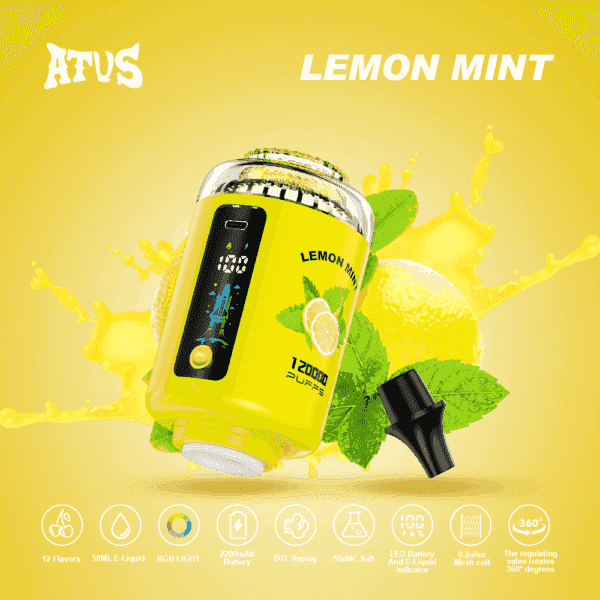 「LEMON MINT」とラベルが貼られた明るい黄色の VAPE デバイスは、その特徴を示しており、レモンのスライスと新鮮なミントの葉に囲まれ、背景にはレモン汁が飛び散っています。.