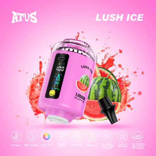 明るいピンクの背景に、カラフルなスイカのイラストが描かれた「LUSH ICE」とラベルが貼られたピンクのvapeデバイスが、液体のしぶきに囲まれ、デジタルディスプレイ、12000パフ容量、黒いマウスピースなどの機能を示しています。.