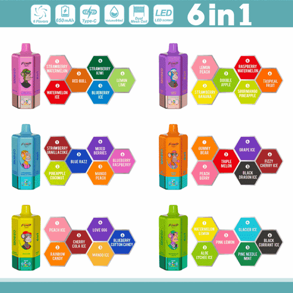 Une présentation colorée de bouteilles de vape étiquetées avec six saveurs chacune, avec des noms comme Strawberry Watermelon, Blue Razz et Gummy Bear, ainsi que des détails tels qu'une batterie de 650 mAh et un système de bobines à double maille, disposés dans une disposition en grille avec des graphismes éclatants.