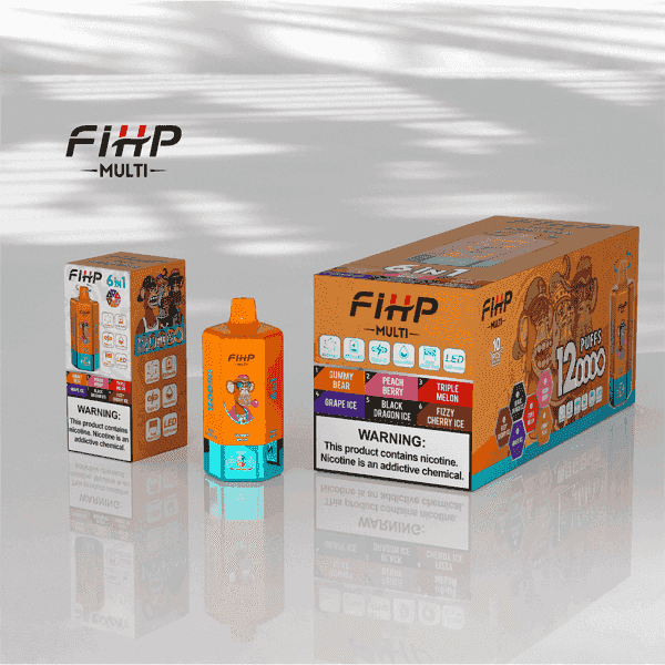 Un appareil de vapotage orange et bleu sarcelle étiqueté ' FIHP ' avec un personnage de dessin animé, affiché à côté de son emballage coloré, qui met en valeur différentes saveurs et comprend un avertissement concernant la dépendance à la nicotine, le tout sur une surface argentée réfléchissante.