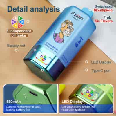 A colorful 6-in-1 vaping device showcasing its features, including six independent oil tanks highlighted with flavor names like Strawberry Vanilla Coke and Pineapple Coconut, a battery rod, LED display, and a Type-C charging port, emphasizing its rechargeable capability and fashionable design.