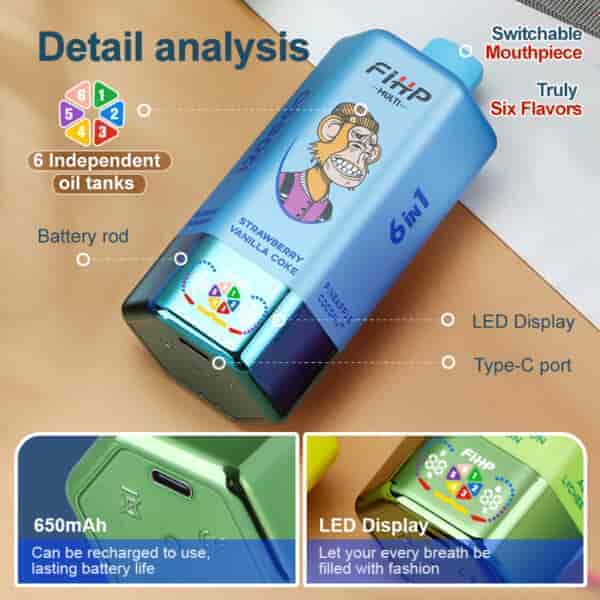 Un appareil de vapotage 6-en-1 coloré présentant ses caractéristiques, dont six réservoirs d'huile indépendants mis en valeur par des noms de saveurs comme Strawberry Vanilla Coke et Pineapple Coconut, une tige de batterie, un écran LED et un port de charge de type C, soulignant sa capacité rechargeable et son design à la mode.