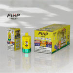 Une présentation vibrante de produits de vape FIHP MULTI comprenant une boîte jaune et verte étiquetée ' 6 en 1 ' et une boîte plus grande annonçant ' 12 000 bouffées ' avec diverses options de saveurs.