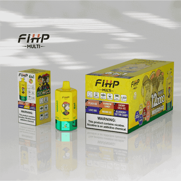 Une présentation vibrante de produits de vape FIHP MULTI comprenant une boîte jaune et verte étiquetée ' 6 en 1 ' et une boîte plus grande annonçant ' 12 000 bouffées ' avec diverses options de saveurs.