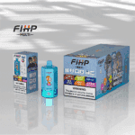 Une présentation de produit présentant un appareil de vape bleu étiqueté ' FiHP 6in1 ' à côté de son emballage coloré, qui met en valeur diverses options de saveurs comme Fraise Vanille, Ananas Noix de Coco et Blue Razz, avec un avertissement concernant la dépendance à la nicotine bien en évidence.
