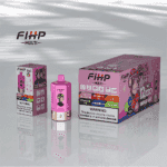 Un présentoir coloré de produits de vapotage FIHP Multi, comprenant une boîte et une bouteille, avec des graphiques éclatants répertoriant des saveurs comme la pastèque à la fraise, la glace à la pastèque et la glace à la myrtille, ainsi que des avertissements concernant la dépendance à la nicotine;, la surface réfléchissante ajoute une touche moderne.