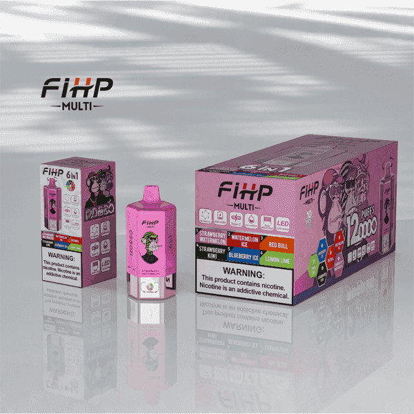 Un présentoir coloré de produits de vapotage FIHP Multi, comprenant une boîte et une bouteille, avec des graphiques éclatants répertoriant des saveurs comme la pastèque à la fraise, la glace à la pastèque et la glace à la myrtille, ainsi que des avertissements concernant la dépendance à la nicotine;, la surface réfléchissante ajoute une touche moderne.