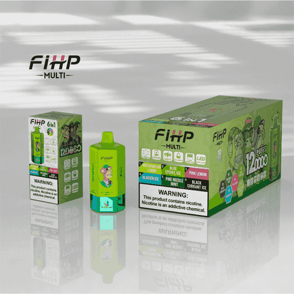Un présentoir montrant un produit de vape vert et coloré étiqueté ' FIHP Multi ', à côté d'une boîte indiquant qu'il propose 12 000 bouffées et diverses saveurs comme la pastèque, le citron et la glace des glaciers, avec un avertissement concernant la nicotine.