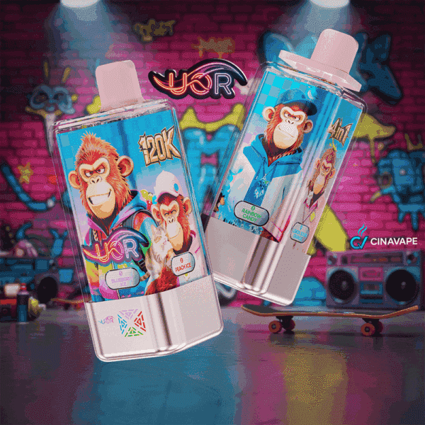 Deux bouteilles de jus de vape colorées représentant des singes de dessins animés et des étiquettes lumineuses, sur un fond urbain de style graffiti, avec des descriptions de saveurs telles que ' Blueberry Ice ' et ' Rainbow Candy '.'