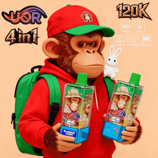 Un personnage portant une casquette rouge et un sweat à capuche vert tient deux flacons de vape étiquetés ' 120K ' et ' Blueberry Cherry ', debout sur un fond pêche, avec un sac à dos vert sur une épaule et une petite figurine de lapin blanc dans l'autre main.