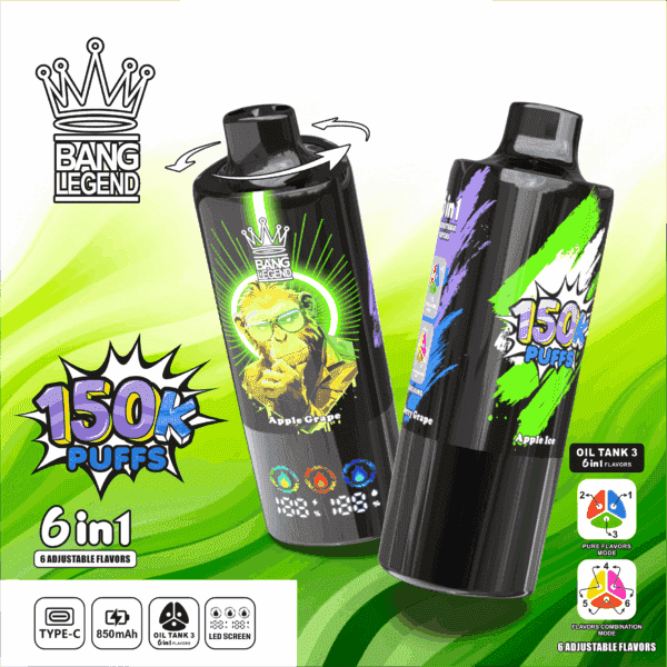 Två eleganta vape-enheter märkta 'Bang Legend' med livfull design och smaker av 'Apple Grape' och 'Apple Ice', som visar upp funktioner som '150k puffs', '6 in 1' smakalternativ och en LED-skärm, allt mot en grön bakgrund.