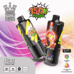 Två färgglada vape-enheter, märkta 'BANG LEGEND', som visar upp deras funktioner som '150k PUFFS' och justerbara smaker som 'Banana Ice' och 'Strawberry Banana', mot en livlig gradientbakgrund med ikoner som indikerar batterityp, kapacitet och LED-skärm.