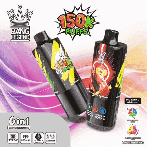 Två färgglada vape-enheter, märkta 'BANG LEGEND', som visar upp deras funktioner som '150k PUFFS' och justerbara smaker som 'Banana Ice' och 'Strawberry Banana', mot en livlig gradientbakgrund med ikoner som indikerar batterityp, kapacitet och LED-skärm.