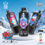 Tre eleganta svarta vape-enheter som visas tydligt mot en snöig bergsbakgrund, med djärv grafik av en apa och färgglada smakindikatorer, som visar alternativen 'Blueberry Raspberry', 'Blueberry Cherry' och 'Blueberry Ice', med en etikett som framhäver '150k Puffs' och '6 in 1.