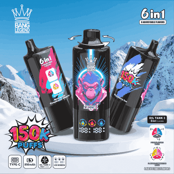 Tre eleganta svarta vape-enheter som visas tydligt mot en snöig bergsbakgrund, med djärv grafik av en apa och färgglada smakindikatorer, som visar alternativen 'Blueberry Raspberry', 'Blueberry Cherry' och 'Blueberry Ice', med en etikett som framhäver '150k Puffs' och '6 in 1.