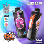 En reklambild med två vape-enheter märkta 'Bang Legend', som visar upp deras egenskaper som 'Mixed Berries'-smak, '150K Puffs'-kapacitet och '6 in 1' justerbara smaker, med ikoner som indikerar specifikationer som 'Type-C'-laddning och en LED-skärm för övervakning av användning.