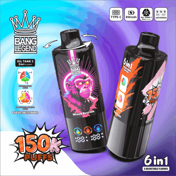 En reklambild med två vape-enheter märkta 'Bang Legend', som visar upp deras egenskaper som 'Mixed Berries'-smak, '150K Puffs'-kapacitet och '6 in 1' justerbara smaker, med ikoner som indikerar specifikationer som 'Type-C'-laddning och en LED-skärm för övervakning av användning.