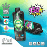 En elegant svart vape-enhet med neongröna accenter märkta 'BANG LEGEND' och 'Guava Lime', med en LED-skärm som visar batteritid och blossantal, tillsammans med grafik som främjar dess kapacitet för 150 000 bloss och sex justerbara smaker.
