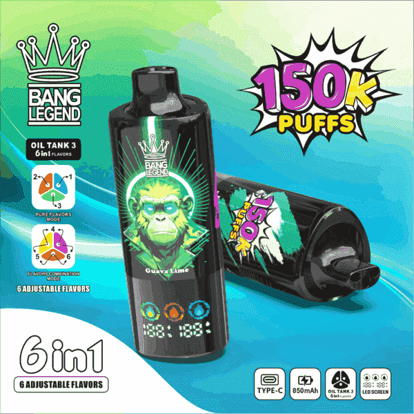 En elegant svart vape-enhet med neongröna accenter märkta 'BANG LEGEND' och 'Guava Lime', med en LED-skärm som visar batteritid och blossantal, tillsammans med grafik som främjar dess kapacitet för 150 000 bloss och sex justerbara smaker.