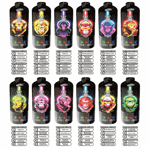 En samling energidrycksburkar med livfulla, färgglada apaillustrationer, som var och en representerar olika smaker som 'Poo's Fun' och 'Happy Peach', med smaknamn och deras ingredienser listade under burkarna.