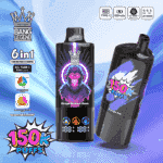 En livlig, svart vape-enhet märkt 'Bang Legend', som visar upp två smakalternativ: 'Grape Bubble Gum' och 'Grape Ice', med funktioner som 150 000 blosskapacitet, sex justerbara smaker och en digital LED-skärm som visar batteri- och oljenivåer.