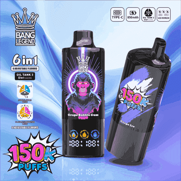 En livlig, svart vape-enhet märkt 'Bang Legend', som visar upp två smakalternativ: 'Grape Bubble Gum' och 'Grape Ice', med funktioner som 150 000 blosskapacitet, sex justerbara smaker och en digital LED-skärm som visar batteri- och oljenivåer.