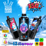 Tre färgglada vape-enheter märkta 'Bang Legend' med funktioner som '6 i 1 smaker' och '150k puffar,' mot en snöig bergsbakgrund.