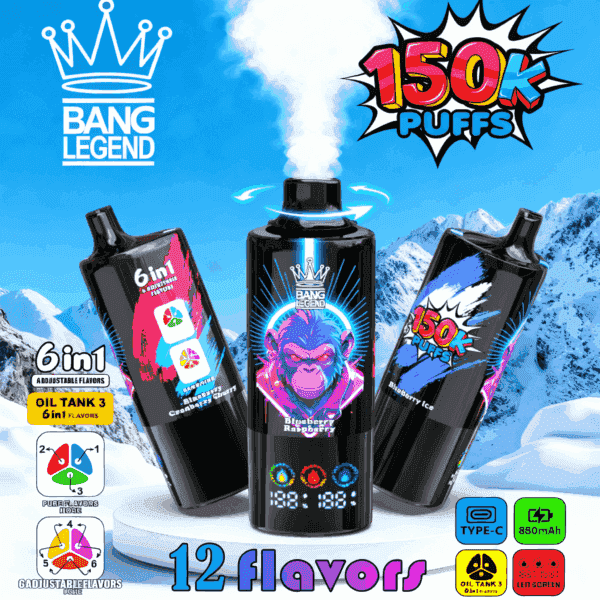 Tre färgglada vape-enheter märkta 'Bang Legend' med funktioner som '6 i 1 smaker' och '150k puffar,' mot en snöig bergsbakgrund.