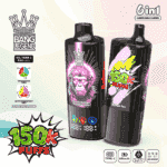 En reklambild som visar två Bang Legend vape-enheter, med färgglada mönster med smaknamn 'Peach Mango Watermelon' och 'Mango Ice', tillsammans med detaljer som '150K PUFFS', en batteriprocentdisplay och funktioner som Type-C-laddning och justerbara smaker.
