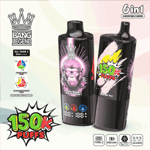 En reklambild som visar två Bang Legend vape-enheter, med färgglada mönster med smaknamn 'Peach Mango Watermelon' och 'Mango Ice', tillsammans med detaljer som '150K PUFFS', en batteriprocentdisplay och funktioner som Type-C-laddning och justerbara smaker.