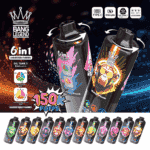 En samling 'Bang Legend' vaping-enheter, med två stora behållare med justerbara smakalternativ och levande grafik, inklusive en stiliserad apadesign och ikoner som indikerar olika inställningar och funktioner, mot en dynamisk blå och svart bakgrund.