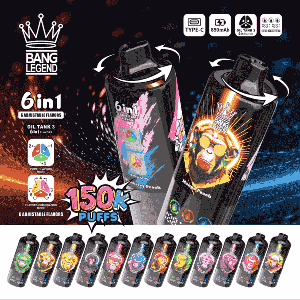 En samling 'Bang Legend' vaping-enheter, med två stora behållare med justerbara smakalternativ och levande grafik, inklusive en stiliserad apadesign och ikoner som indikerar olika inställningar och funktioner, mot en dynamisk blå och svart bakgrund.