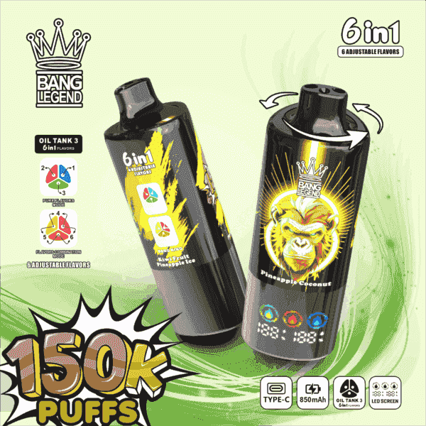 En elegant svart vaping-enhet med justerbara smakinställningar som visar märket "Bang Legend", med levande grafik av en apa och text som indikerar smaker som "Pineapple Coconut" och "Kiwi Fruit Pineapple Ice", med etiketter för puffkapacitet och tekniska detaljer som Type-C-laddning och en LED-skärm.