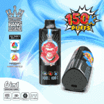 En färgglad förångare märkt 'Bang Legend' med en smak av vattenmelonbubbel, som visar upp en digital display som visar batteritid och blossantal, på en livfull blå bakgrund med grafik som framhäver dess egenskaper, inklusive 6 justerbara smaker och USB Type-C-laddning.