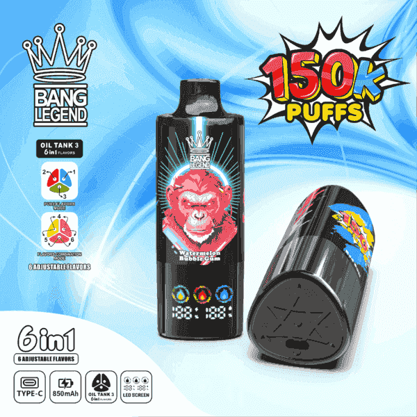 En färgglad förångare märkt 'Bang Legend' med en smak av vattenmelonbubbel, som visar upp en digital display som visar batteritid och blossantal, på en livfull blå bakgrund med grafik som framhäver dess egenskaper, inklusive 6 justerbara smaker och USB Type-C-laddning.