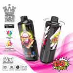 Två eleganta vape-enheter med djärv design, en med levande jordgubbskiwi-grafik, som visar upp nyckelfunktioner som 6 justerbara smaker, Type-C-laddning, en LED-skärm och ett blosstal på 150 000, mot en vit bakgrund med färgglada accentelement.
