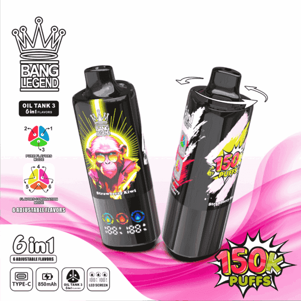 Två eleganta vape-enheter med djärv design, en med levande jordgubbskiwi-grafik, som visar upp nyckelfunktioner som 6 justerbara smaker, Type-C-laddning, en LED-skärm och ett blosstal på 150 000, mot en vit bakgrund med färgglada accentelement.